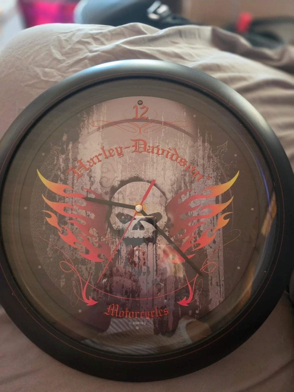Harley-Davidson Black Clock with Red and Orange Winged Skull